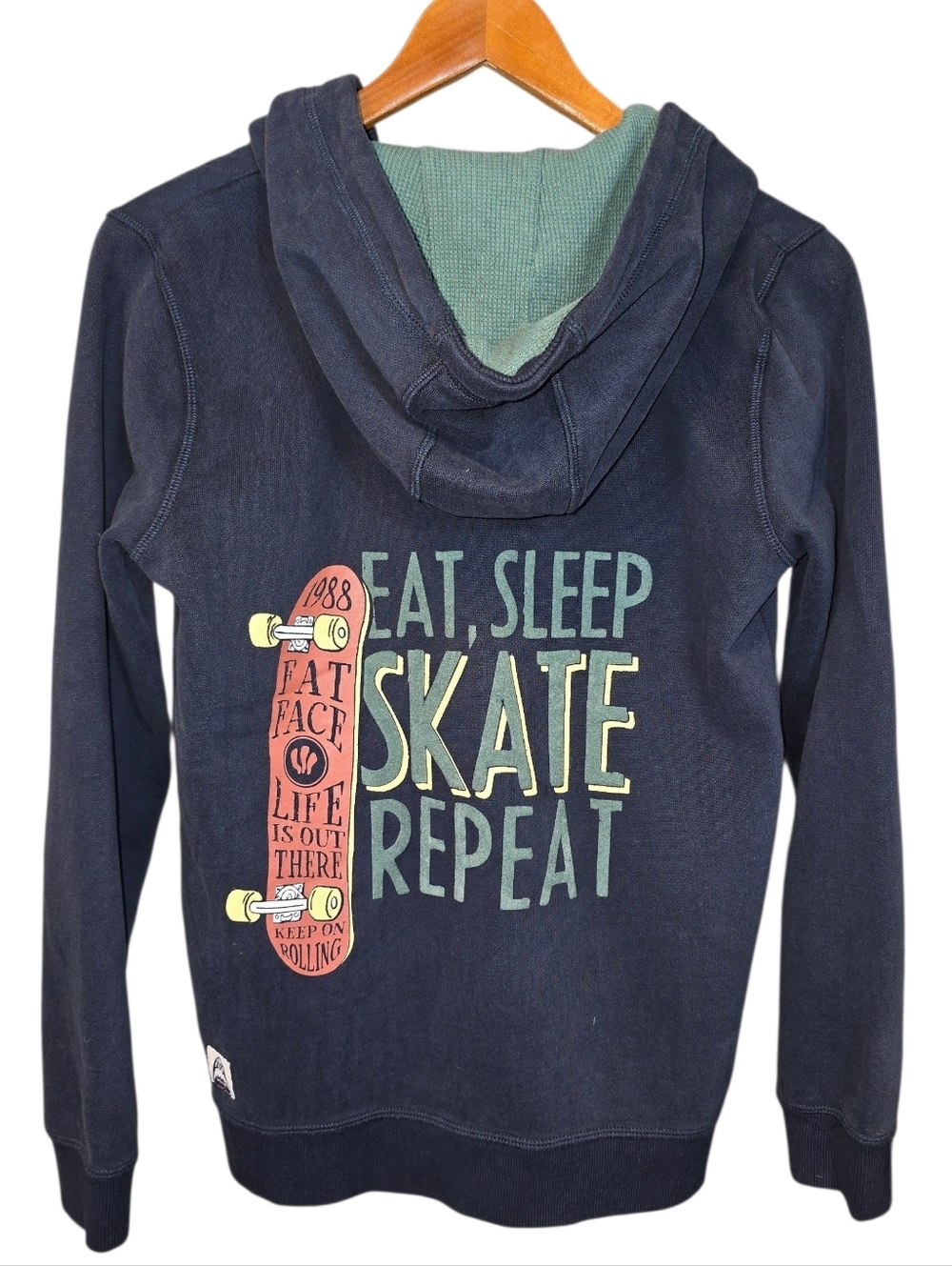 Fat Face Boys Zip Up Hoodie Skate Graphic Washed Navy Blue Color NWT Size 12/13